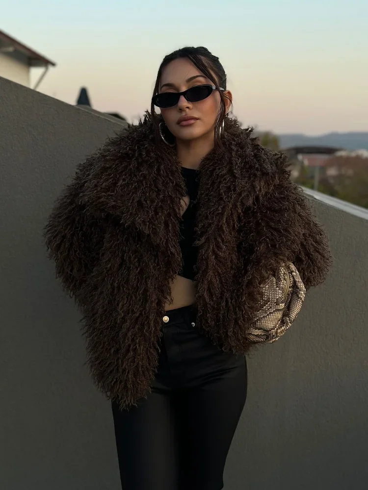2025 Winter Fashion Brown Faux Fur Coat Women Chic Warm Fluffy Sheep Fur Jacket Big Turn-down Collar Overcoat New In Outerwear