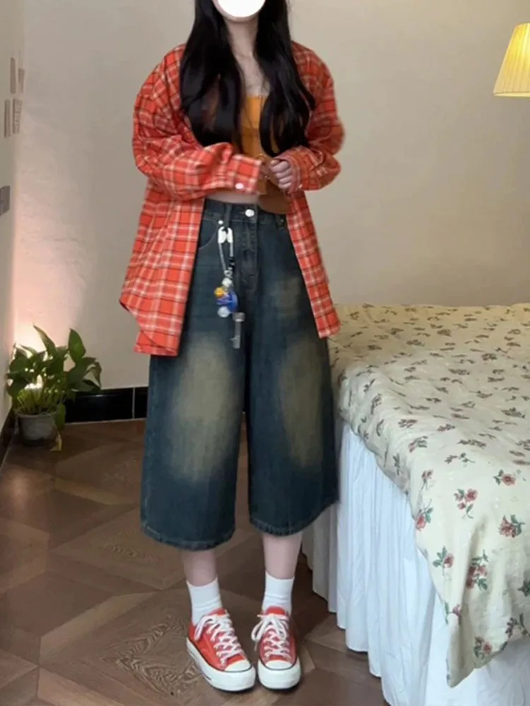 

Джинсы прямого кроя с высокой талией больших размеров для женщин, летние, облегающие, в американском стиле, повседневные, широкие брюки средней длины