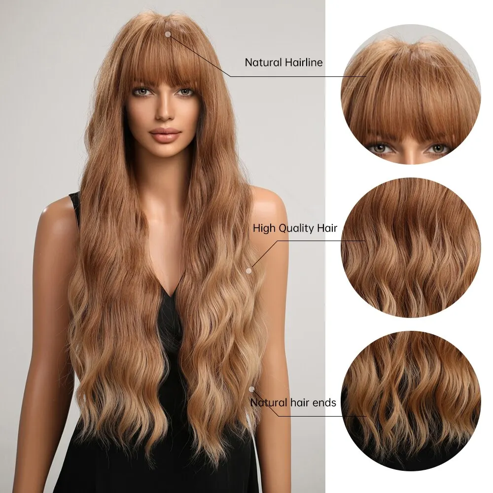 Long Wavy Synthetic Wig With Bangs Blonde Brown Women Wigs Daily Use Cosplay Party Natural Looking Heat Resistant Wig