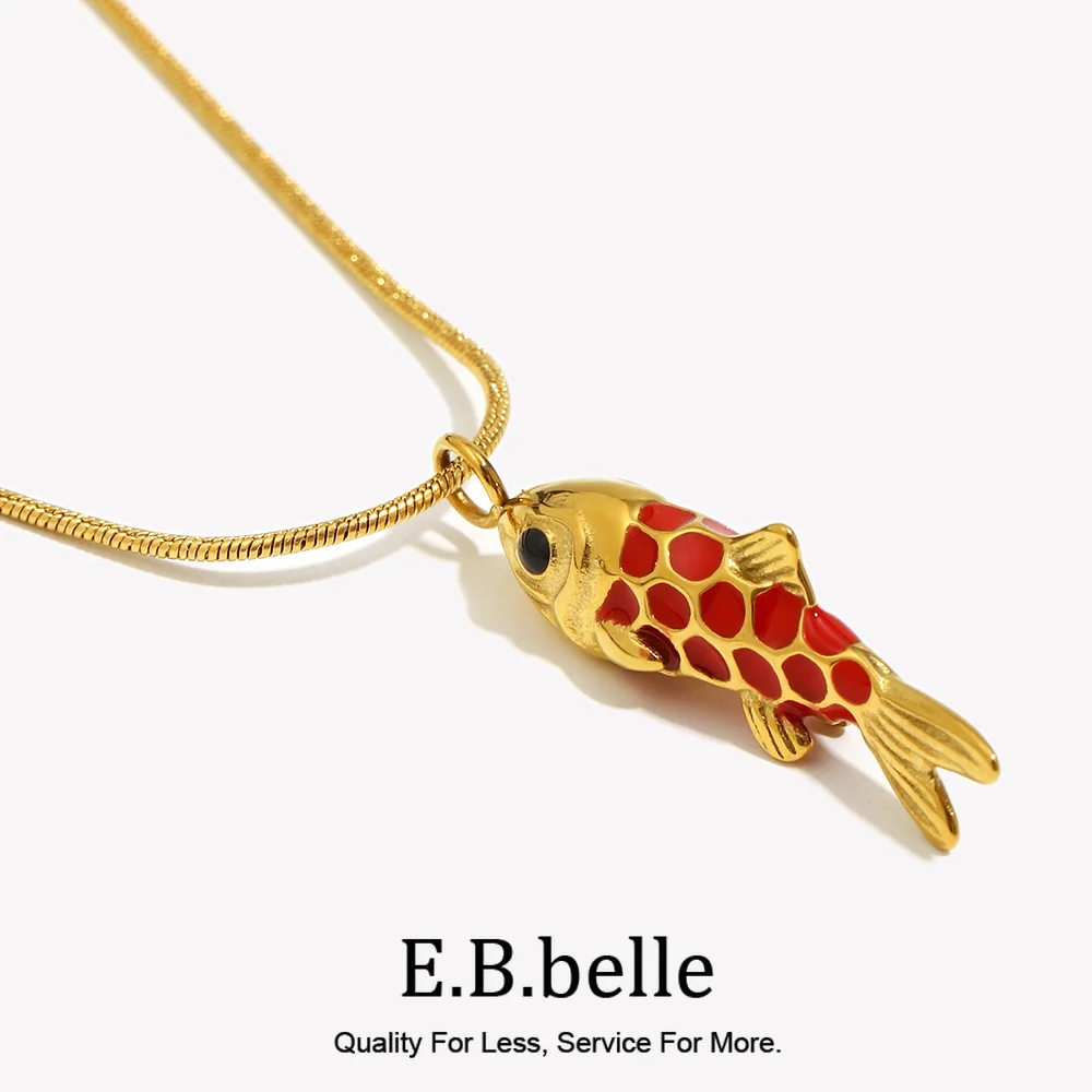 E.B.belle-collar con dije de pez koi esmaltado, símbolo de la suerte, Color rojo, acero inoxidable, chapado en oro de 18k, joyería para vacaciones de verano