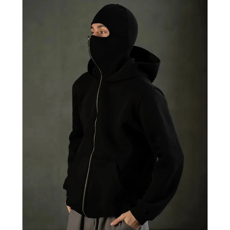 Unisex Y2K Gothic Harajuku Double Hooded Sweatshirt with Hooded Face Mask Zipper Design Winter Warm Casual Outdoor Sportswear