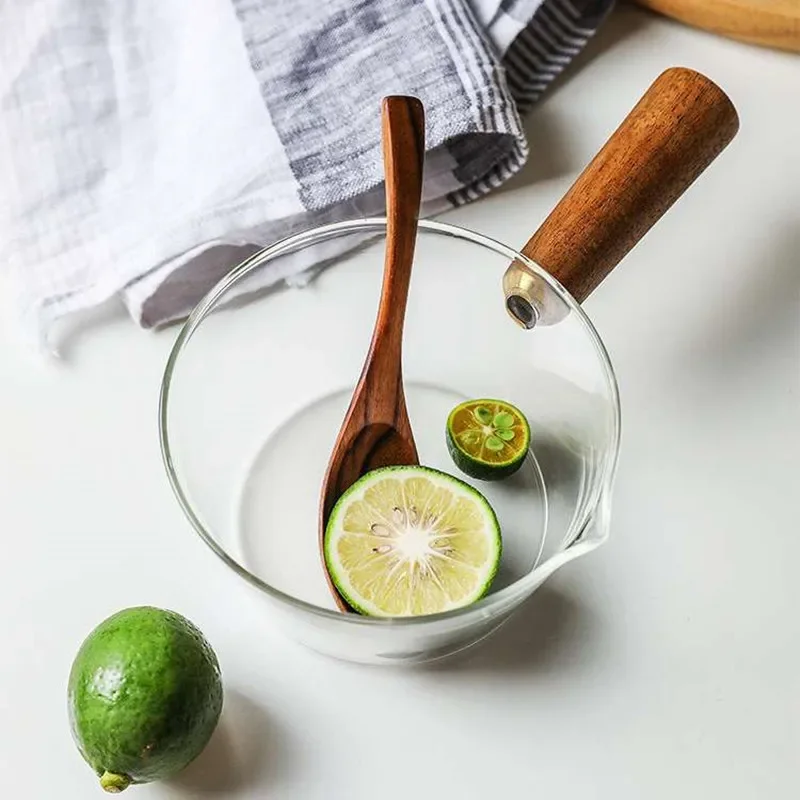 Side Wooden Handle High Borosilicate Glass Baby Complementary Food Hot Milk Pot Household Transparent Instant Noodle Cookware G