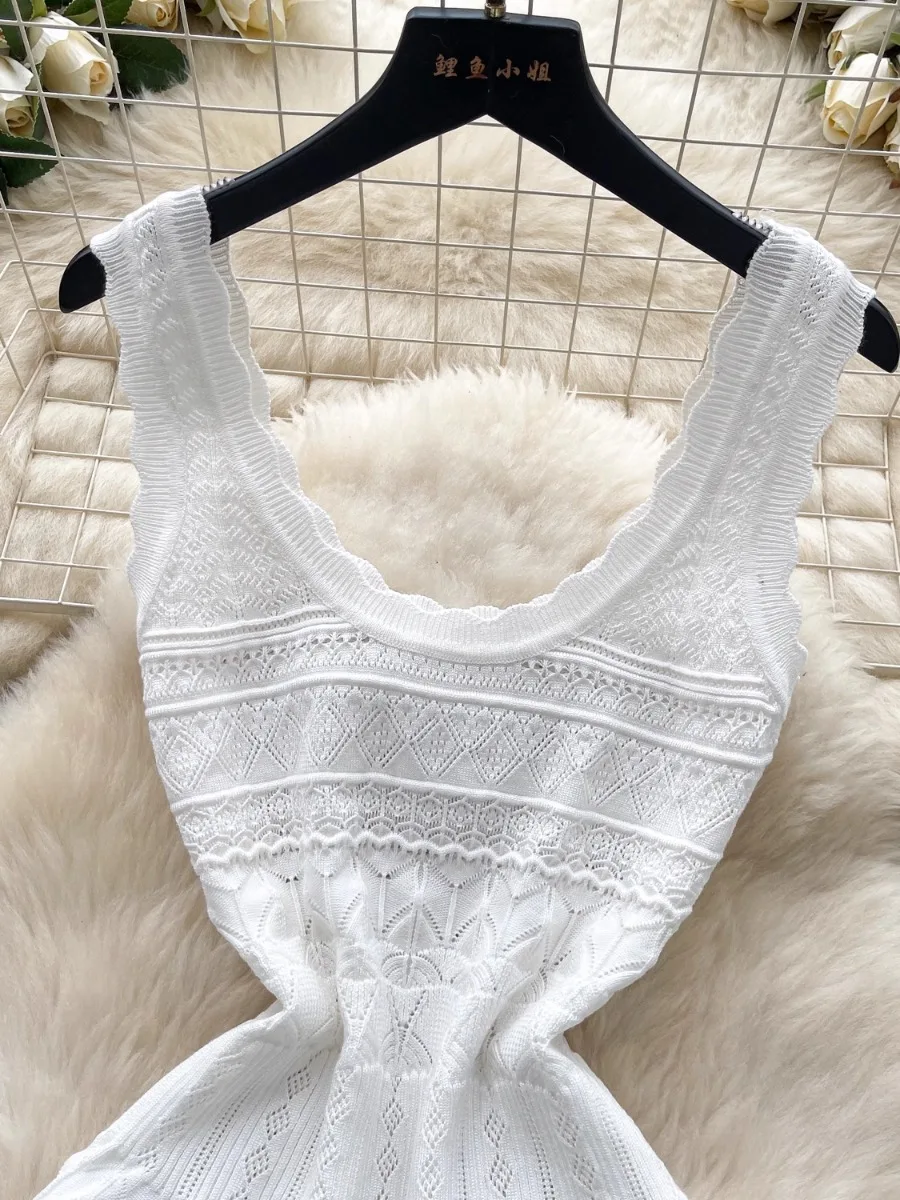 Foamlina Elegant French Retro U-Neck Knitted Dress Women's Summer Cutout Crochet Slim Fit Chic Mini Short A-line Dresses