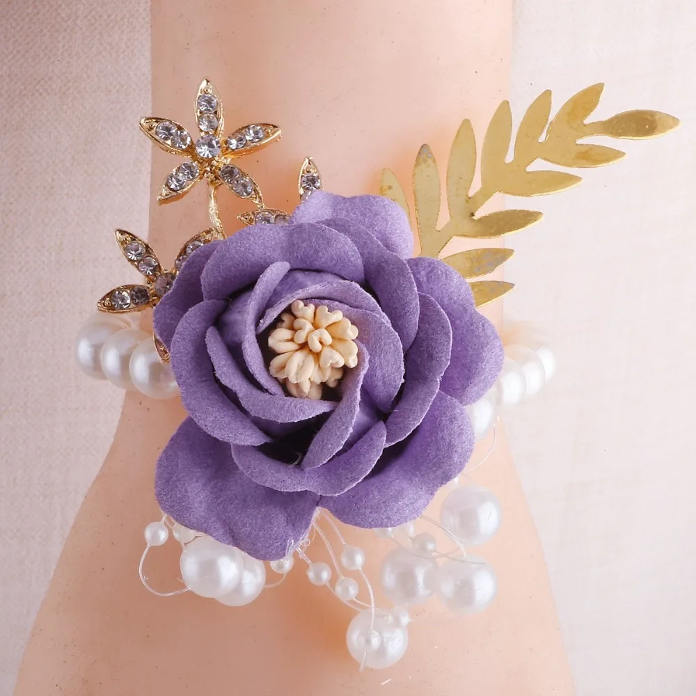 

Purple Men Groom Boutonnieres Crystal Wrist Corsage Wedding Party Bridal and Bridesmaid Marrige Accessories
