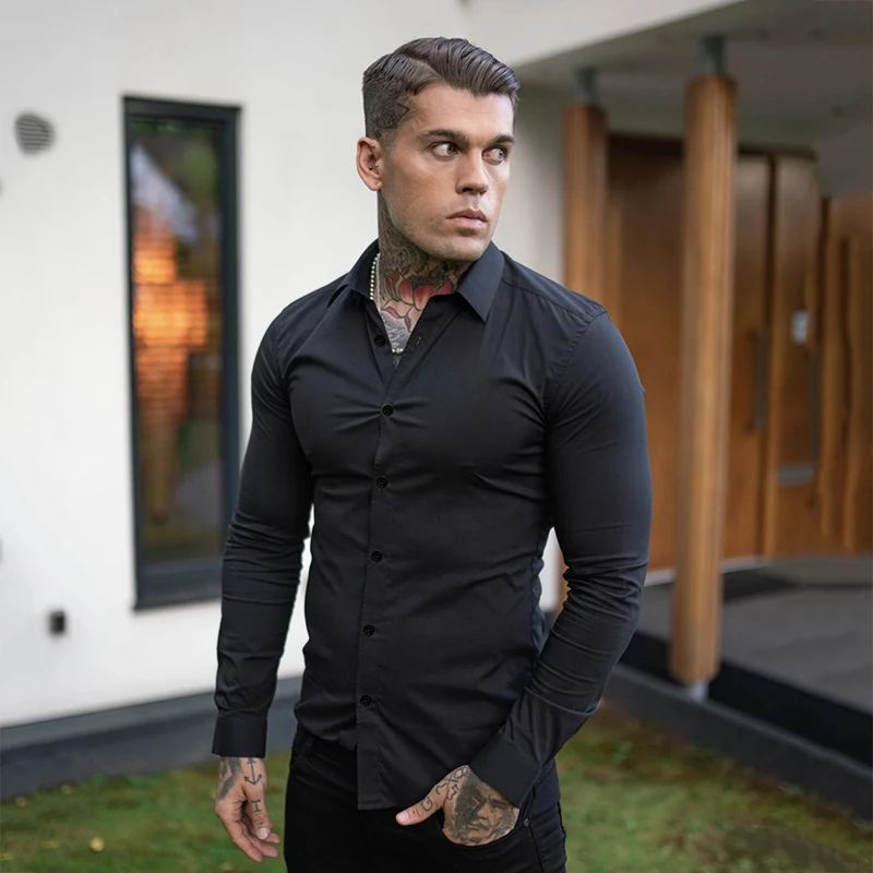 Autumn Fashion Long Sleeve Shirt Mens Spring Super Slim Fit Casual Social Business Dress Shirt Men Gym Fitness Sports Clothing