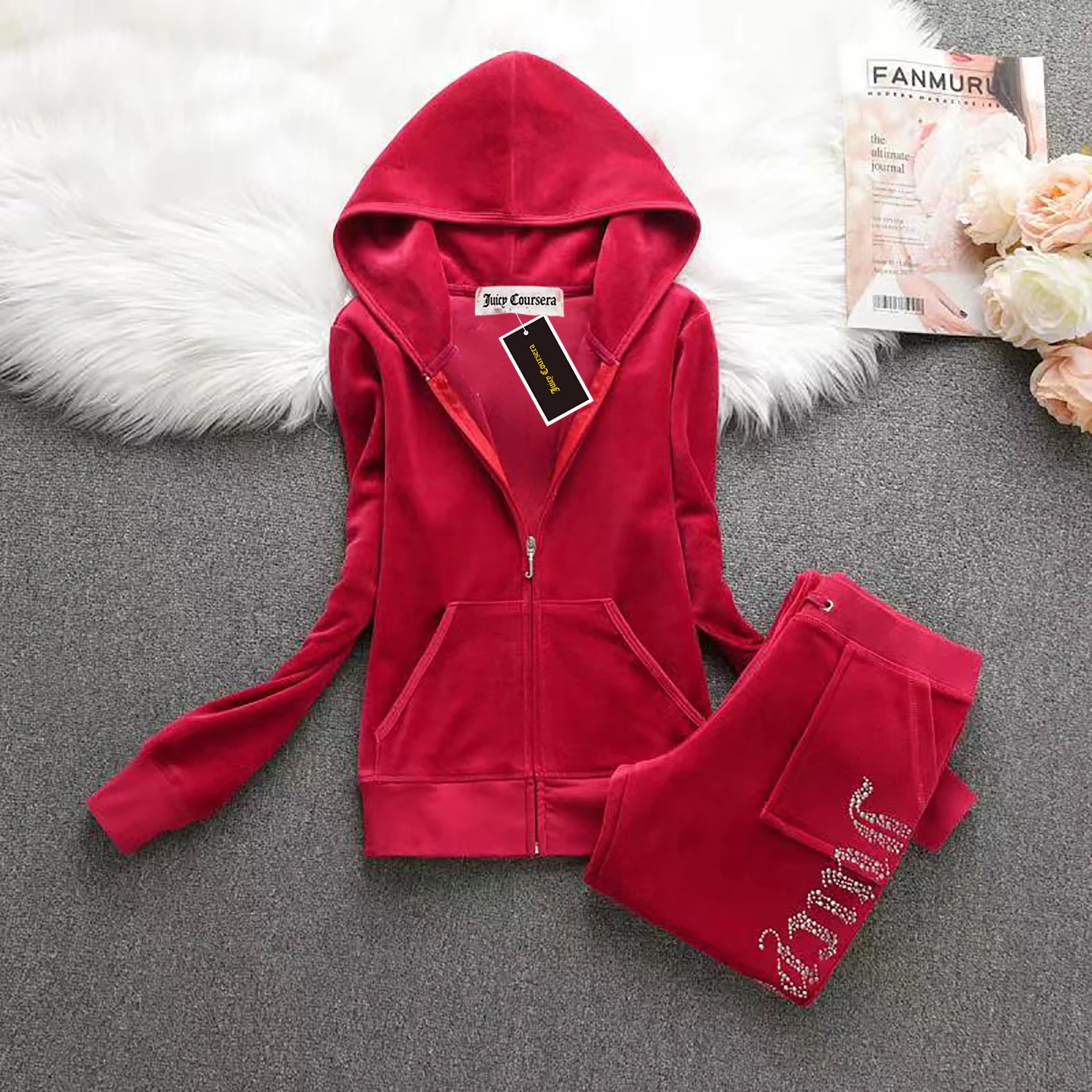 Y2K Women Velvet Tracksuit Sports Suit Fall Winter  Juicy Tracksuit Casual Warm Hooded Jacket Women's Sports Velvet Pants Suit