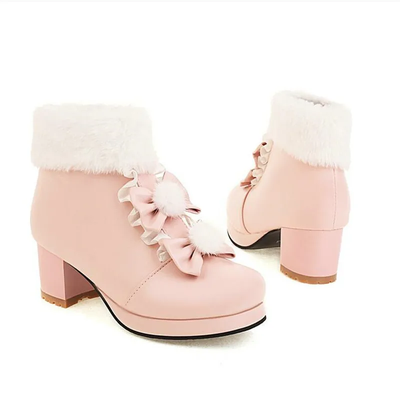 Winter Girls Lolita Boots Fur Round Toe Cosplay Princess Shoes High Heel Platform Women Ankle Boots Plush Warm Women Shoes 30-43