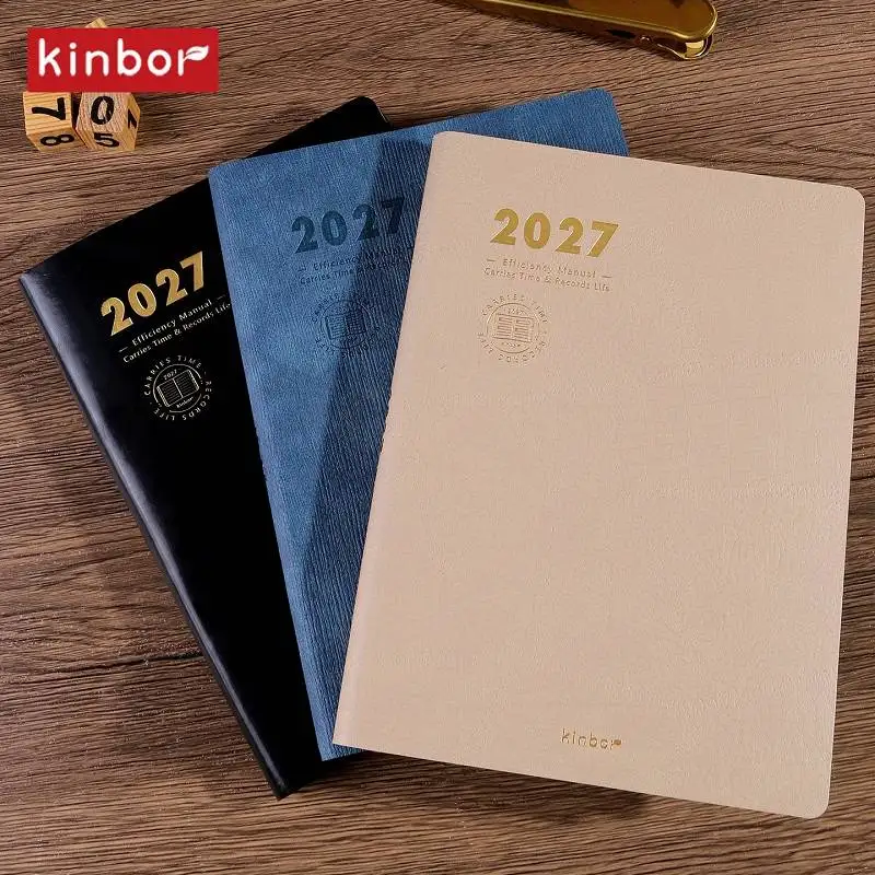 Kinbor 2027 A5 Efficiency Planner PU Hardcover 136S Daily Monthly Calendar Agenda Organizer 180° Lay Flat Goal Setting Notebooks