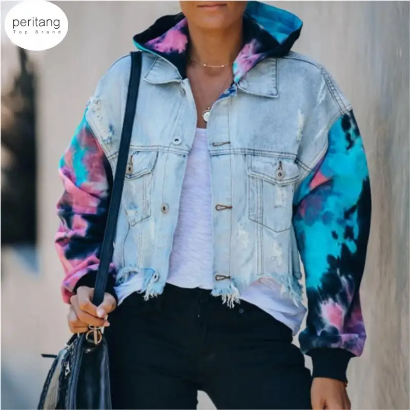 

Jean Jacket for Women Loose Casual Blue Women Hoodies Coats Tie Dye Sleeve Patchwork Hoodied Denim Coats Female outwear