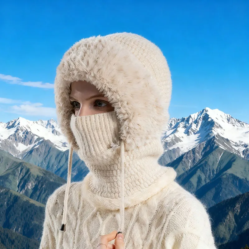 قناع ركوب الدراجات الشتوي للسيدات طقم وشاح قبعة متكامل مبطن بالصوف قبعة صغيرة محبوكة مقاومة للرياح للرقبة لركوب الدراجات والتزلج #3