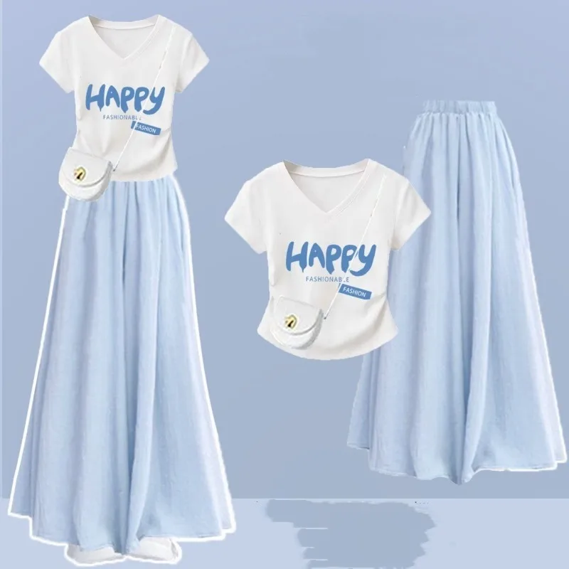 

Women's Summer Fashion Slim V-Neck Letter Happy T Shirts Wide Leg Skirts Pants Two Piece Suits Lady White Tops Trousers Outfits