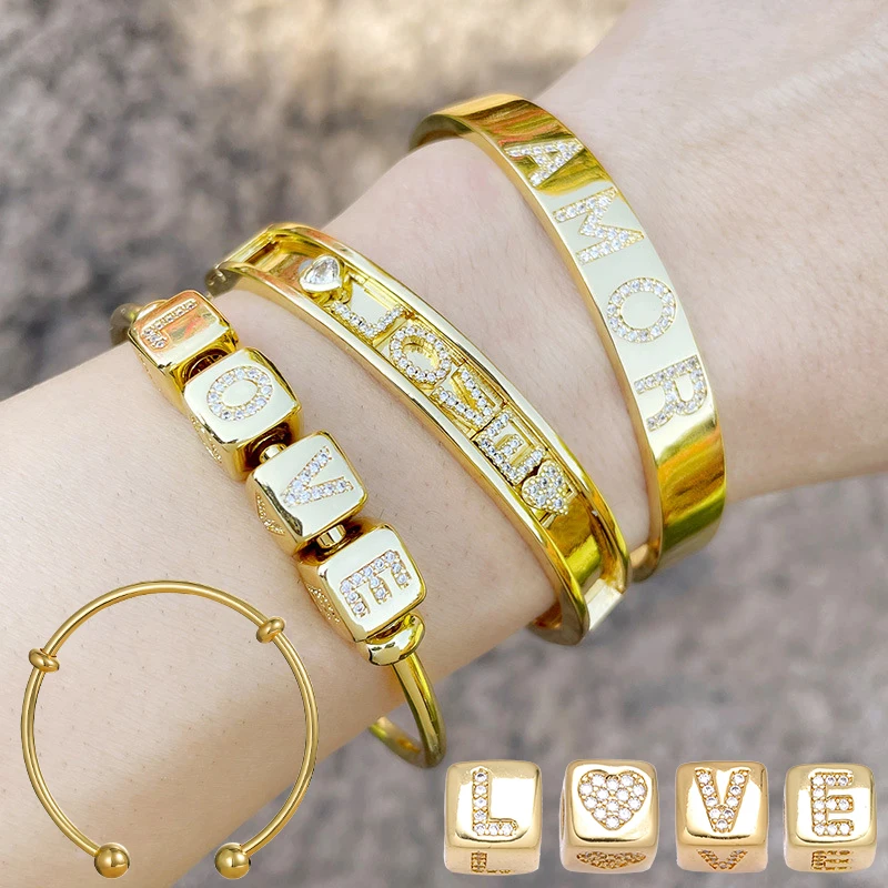 Juya 18K Real Gold Plated Copper Cube Charms Alphabet Initial Letter Beads For Handmade Women's Name Bangle & Bracelets Making