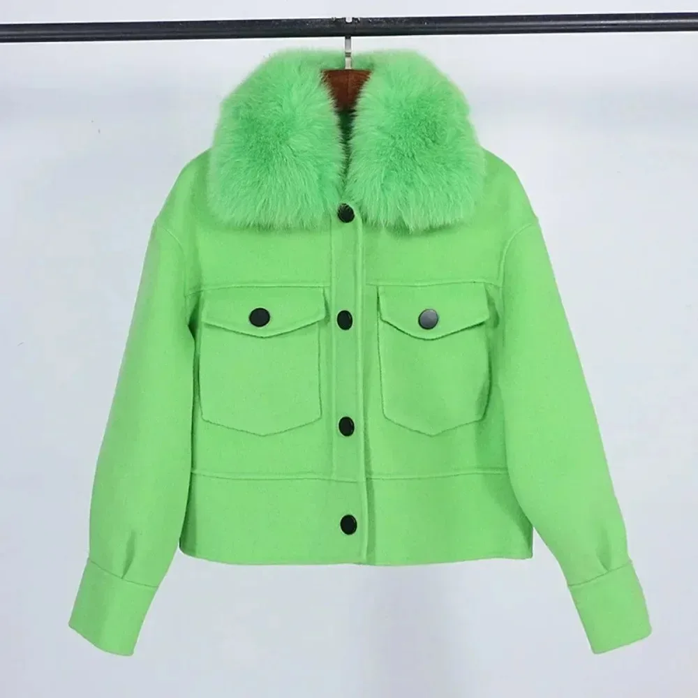 Wool Women Fur Coat New Autumn Winter Real Fox Fur Collar 10% Cashmere 90% Wool Fur Jacket Short Casual Loose Wool Coat