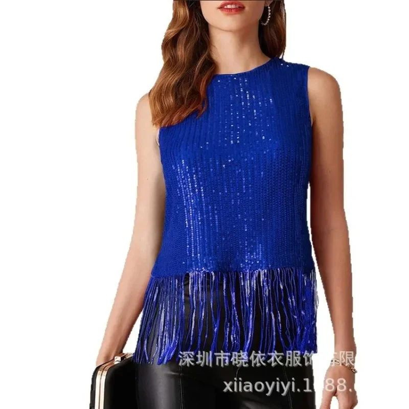 

American New Fashion Summer Women's Casual Trendy Sexy Sleeveless O-neck Sequins Shining Tops Female Clothes for Party Shirts