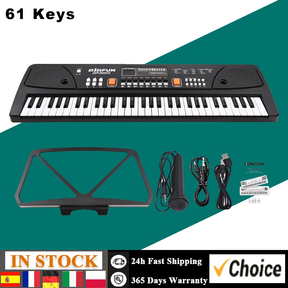 61 Keys Rechargeable Electronic Organ Kids Electric Piano with Microphone Black Digital Music Electronic Keyboard LED Display