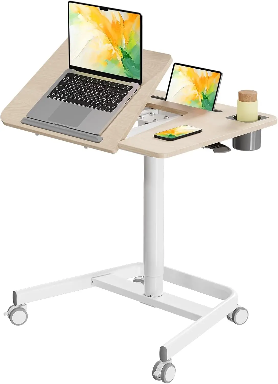 

Mobile Standing Desk, Pneumatic Height Adjustable Table, 60° Tiltable Rolling Laptop Desk, Portable Sit Stand Desk With Wheels