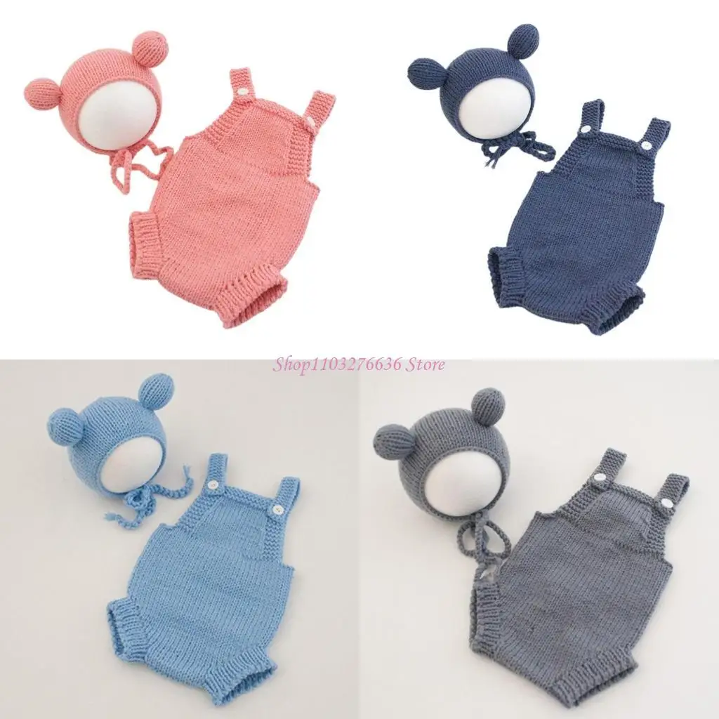 

R6FD Baby Photo Props Hat & Suspender Handcrochet Infant Costume for Photoshooting