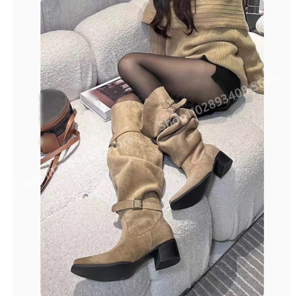 

Khaki Suede Buckle Belt Strap Knight Mid Calf Boots Chunky High Heel Cool Style Party Fashion Women Shoes 2025 Hot Para Mujere