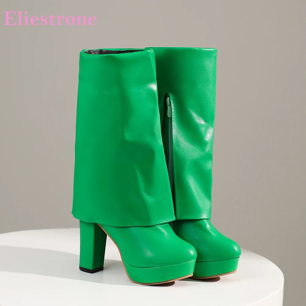 Winter Glamour Green Pink Women Mid Calf Boots Hot Platform High Heel Lady Dress Shoes Plus Big Small Size 12 32 43 45 48