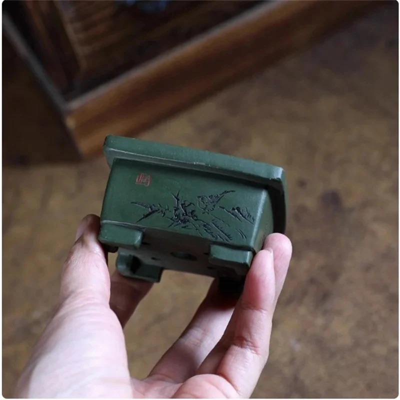 

Green Clay Handmade Pottery Bonsai Pot,Small Vase,Tradition Chinese Carved Pattern,Dormitory Home Table Room Garden Decoration