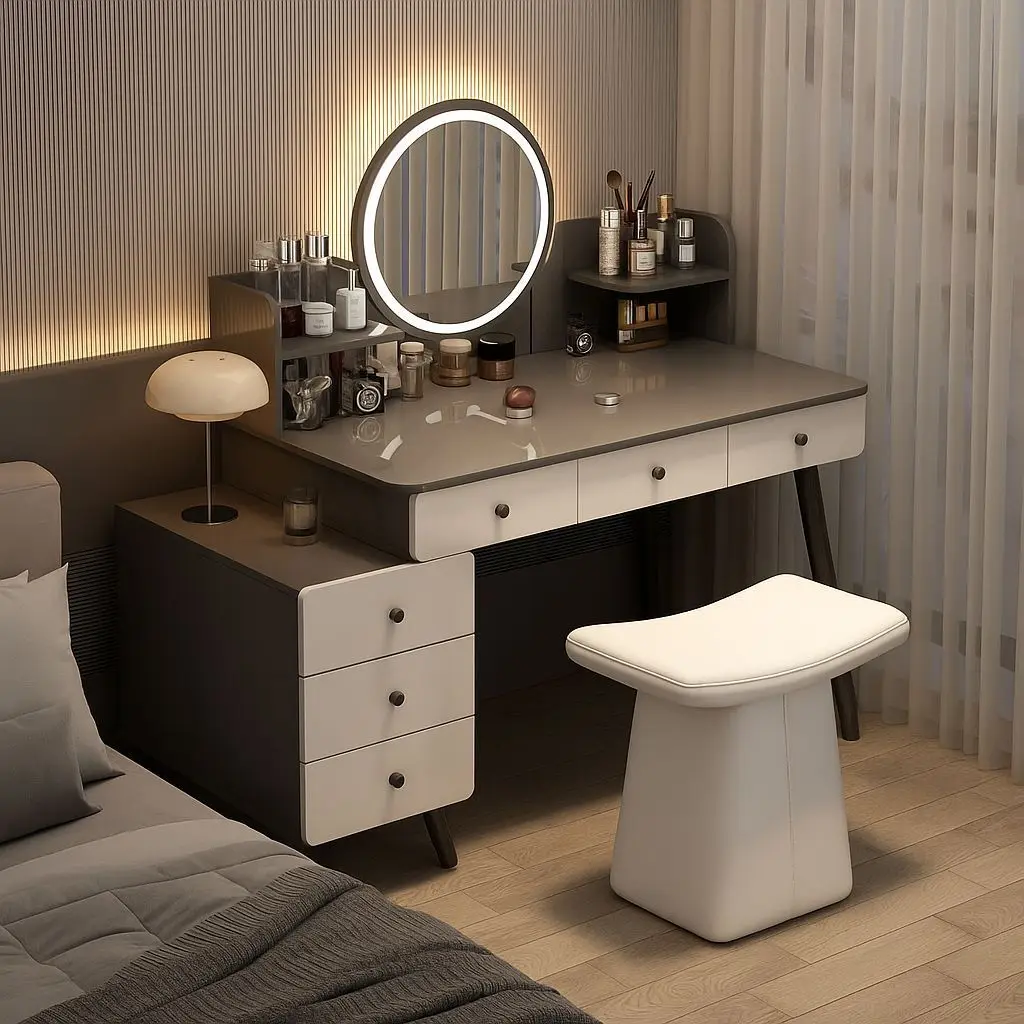 Modern Vanity Desk with 6 Drawers, Makeup Vanity Table Dressing Table with Side 3-Drawer Chest Bedroom Make Up Storage for Women