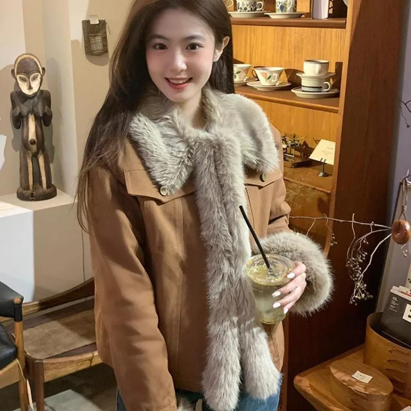 

Patchwork Lapel Furry Jacket Fluffy Warm Thick Brown Slim Short Plush Coat Faux Fox Street Casual Women‘s Winter Jackets Stylish