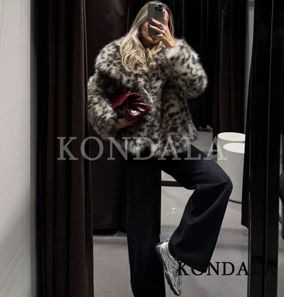 KONDALA Women Leopard Print Faux Fur Coat Lapel Faux Fur Jacket 2025 Fall Winter High Street Fashion Party Elegant Female Coat