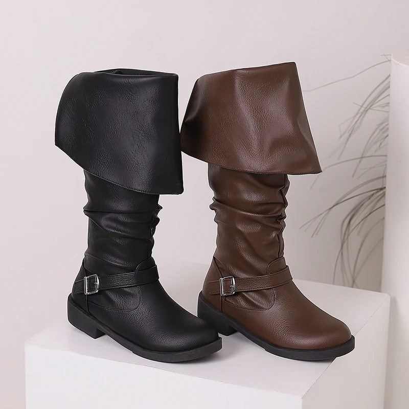 

Retro Brown Long Boots for Women Knee-Length Fashion Winter round Toe Comfortable Thick Heel Belt Buckle Casual Shoes