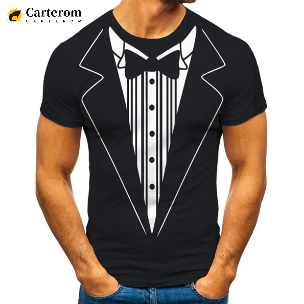 2022 New Funny Fake Suit 3D T-shirt Bow Tie Printed T Shirt Men Summer Fashion Short Sleeved Harajuku Tuxedo Retro Tie Suit Tops