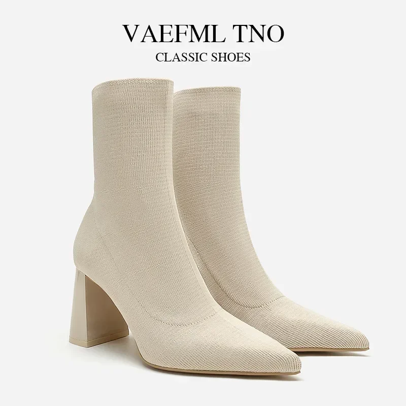 

High Quality Socks Short Boots Women Solid Knitting Boots Stretch Sock Mid-calf Party Square High Heels Sexy Ankle