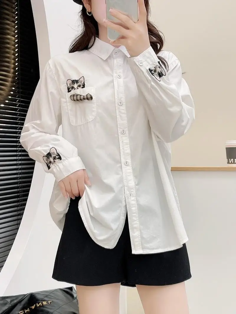 Harajuku y2k Denim Shirts Women Autumn Tops Korean Fashion Long Sleeve Animal Cats Embroidery Denim Blouses Designer Jean Shirt