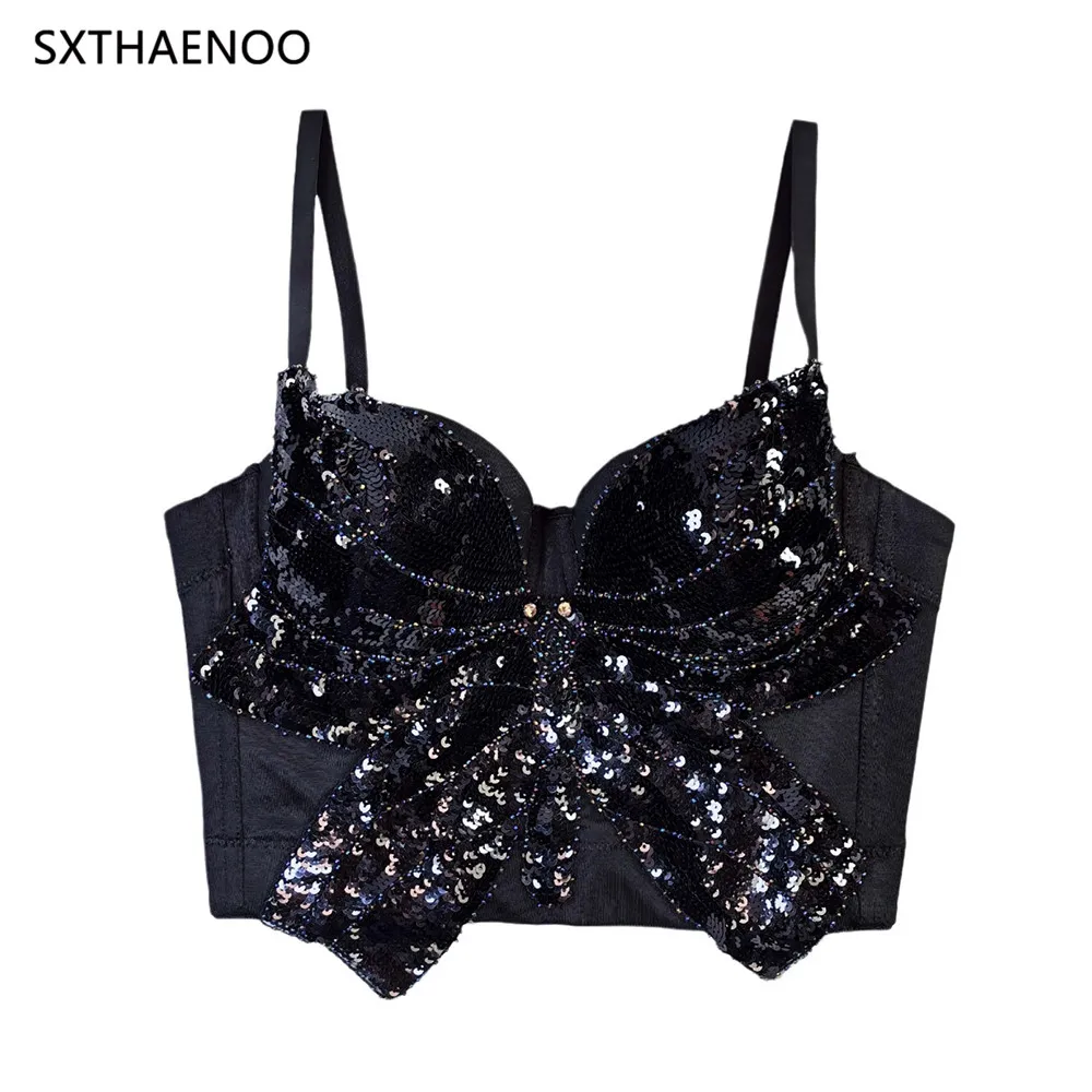 SXTHAENOO 2024 Black Big Bow Beading Camis Women Cropped Top Sexy Party Women's Bra Cropped Top Club Wedding Vest Camis Mujer