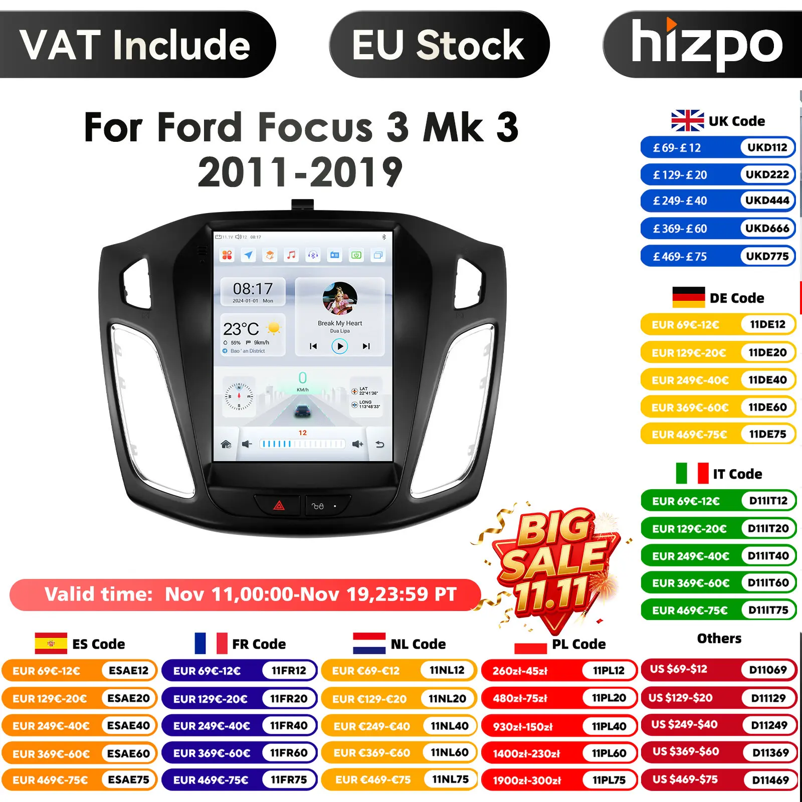 Carplay 4G 9.7'' 2Din Car Radio Android for Ford Focus 3 MK3 2011-2019 Stereo Multimedia Video Player GPS Navigation