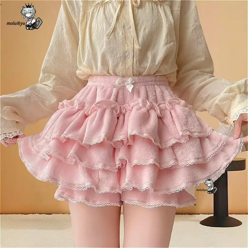 

Cute Autumn Velvet Bloomers Lolita Style Girls Japan Sexy Lace Date Princess Pink Layer Puff Shorts Ruffles Lantern Small Pants