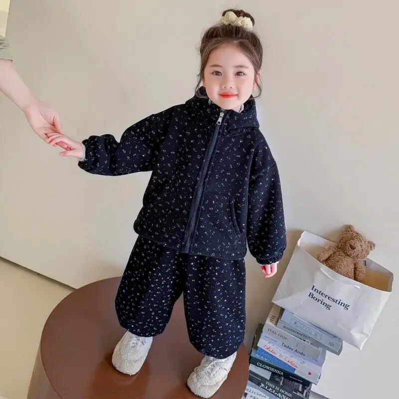 

Hot Child Winter Coat Pants Suit Two-Piece Set Girl Autumn Thicken Hooded Tops Jacket Kawaii Fashion New Style Casual Homewear
