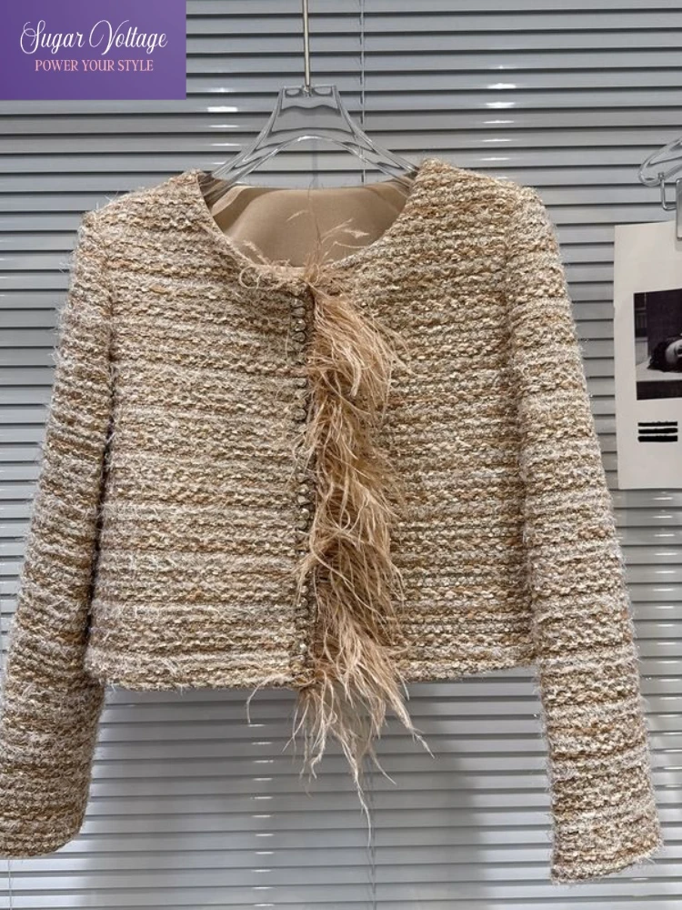 

Винтажная твидовая короткая куртка, женская зимняя элегантная стеганая куртка с перьями и ромбовидной кромкой, шикарная теплая верхняя одежда с жемчужными пуговицами в стиле ретро