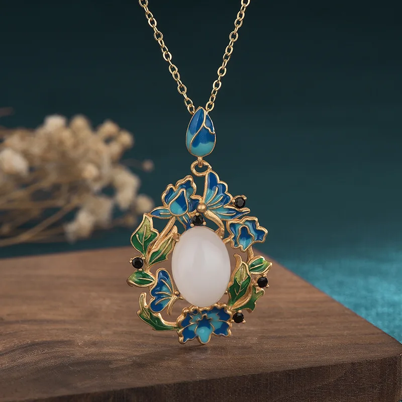 

2025 Summer Hot Necklace Ancient Method Burnt Blue Wear Flower Butterfly Inlaid Oval Hetian Jade Pendant Necklaces for Women