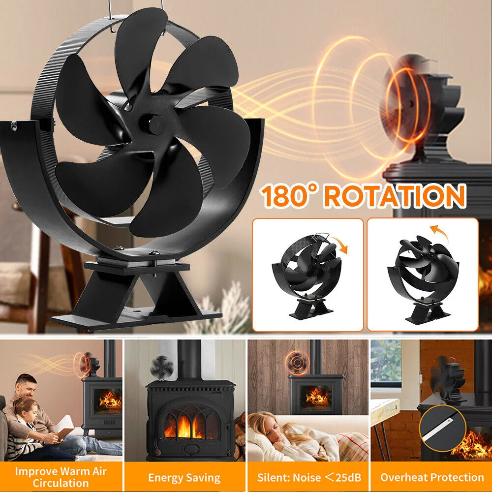 Heat Powered Stove Fan 6 Blades Fireplace Fan 360° Rotating Wood Stove Fan Home Efficient Winter Warm Heat Distribution