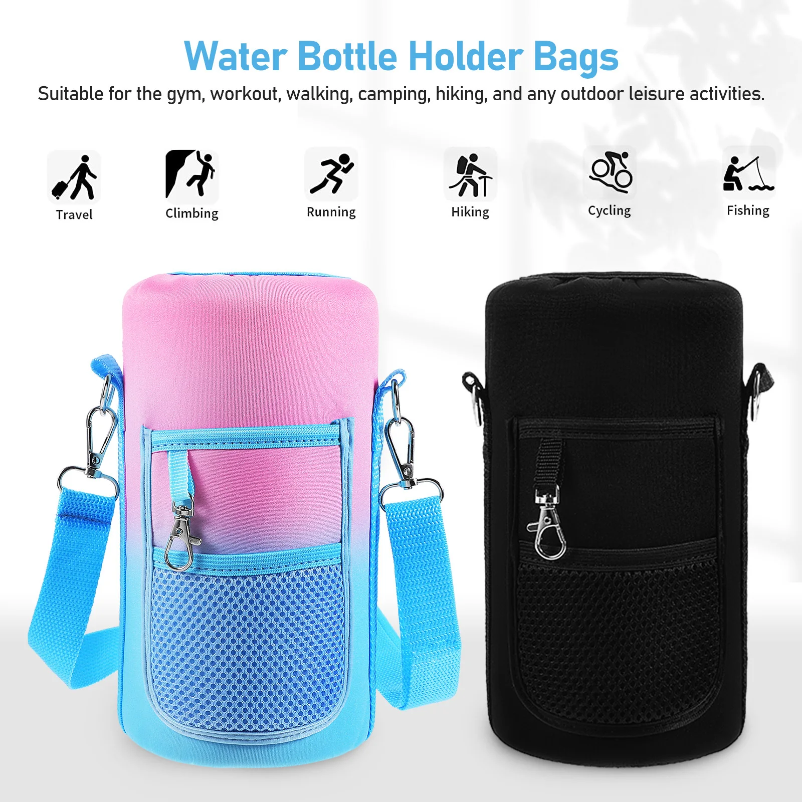 

2Pcs Water Bottle Carrier Bags Heat Insulation Anti-Scalding Adjustable Strap Front Pocket Outdoor Sports Hiking Camping Gym