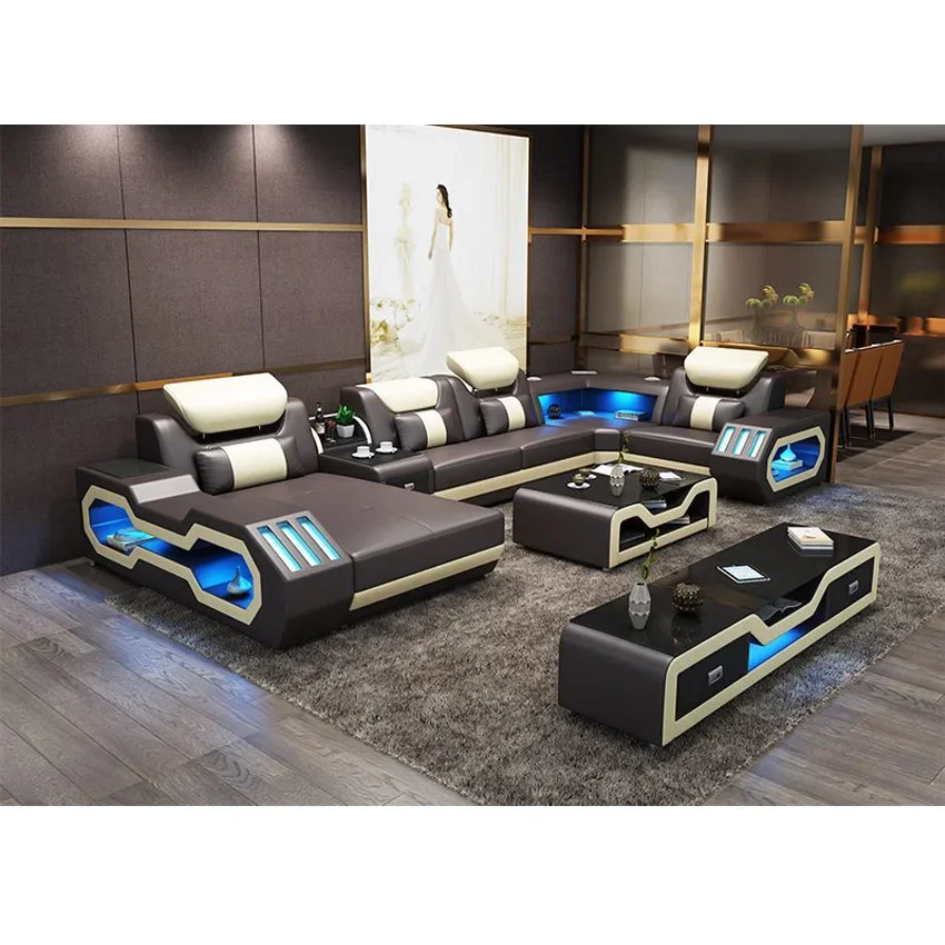 

MINGDIBAO Luxury Living Room Sofa Italian Genuine Leather Couch with Bluetooth Speaker,USB and LED Light +Coffee Table, TV Stand