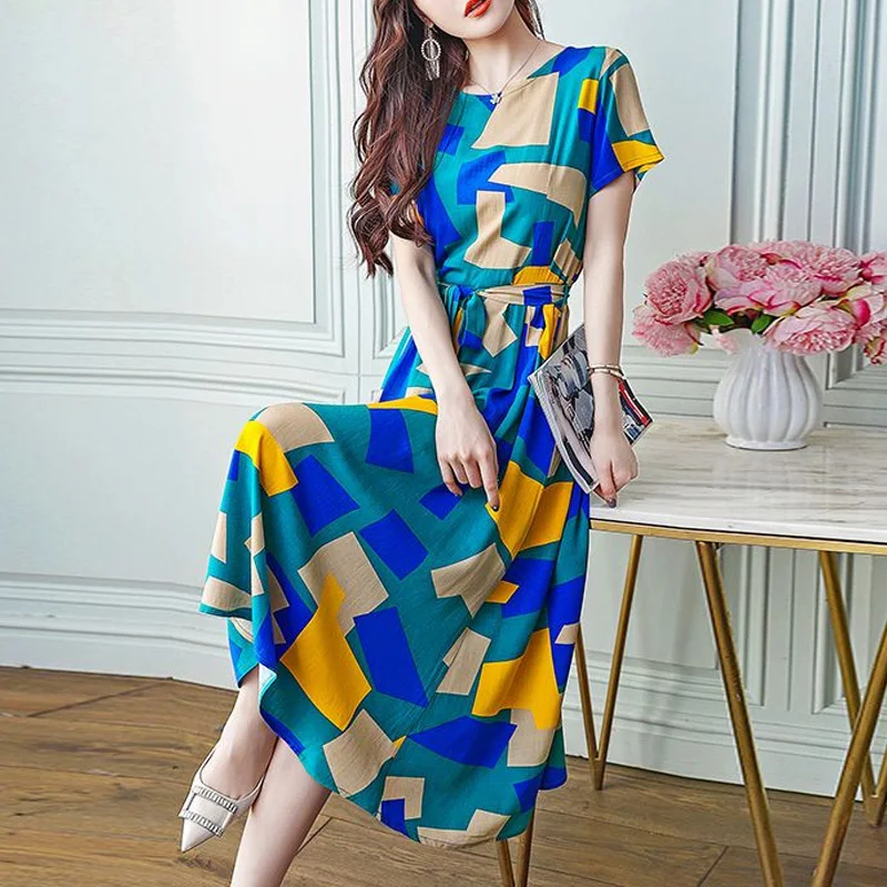 2023 New Summer Fashion Trend Commuting Simple Round Neck Geometric Printing Unique Waist Covering Belly Long Women's Dress