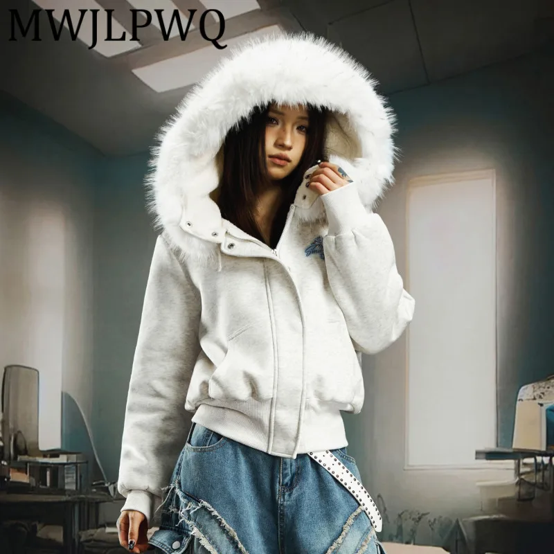 

MWJLPWQ утолщенная короткая флисовая толстовка с капюшоном, зимняя женская меховая воротник, новый уличный стиль, однотонная, повседневная, с подкладкой 12620