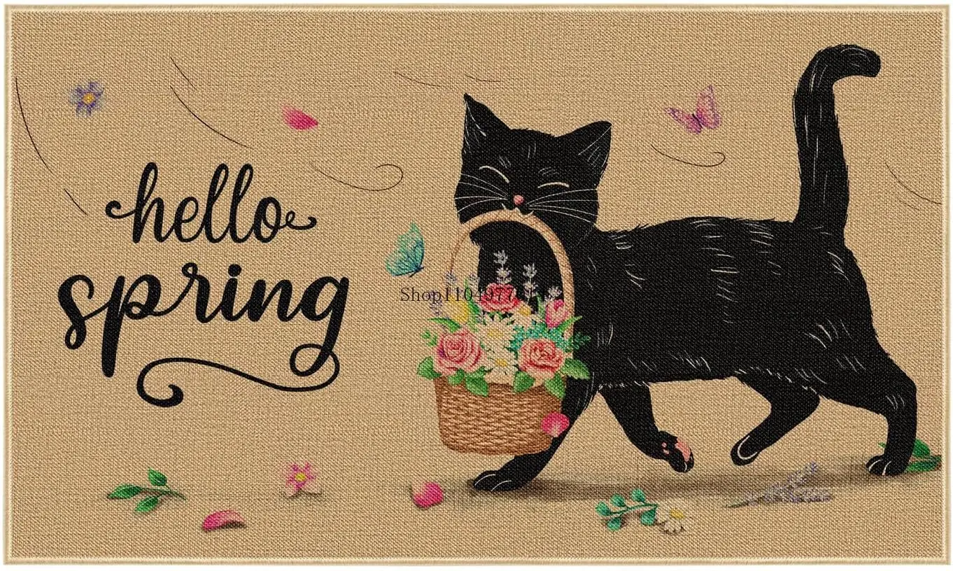 

Welcome Spring Doormat, Black Cat Floral Doormat Hello Spring Summer Decoration for Yard Kitchen Indoor and Outdoor Entrance