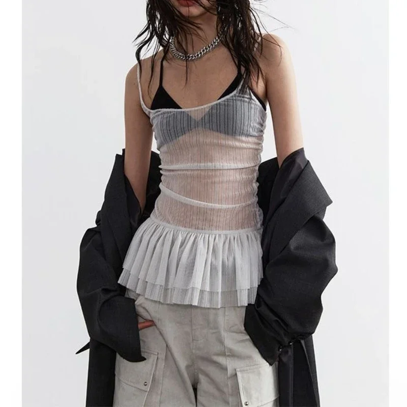 Korean - Style Minimalist Ins Top Transparent Layering Ruffled Solid - Color Body - Fitting Short Camisole