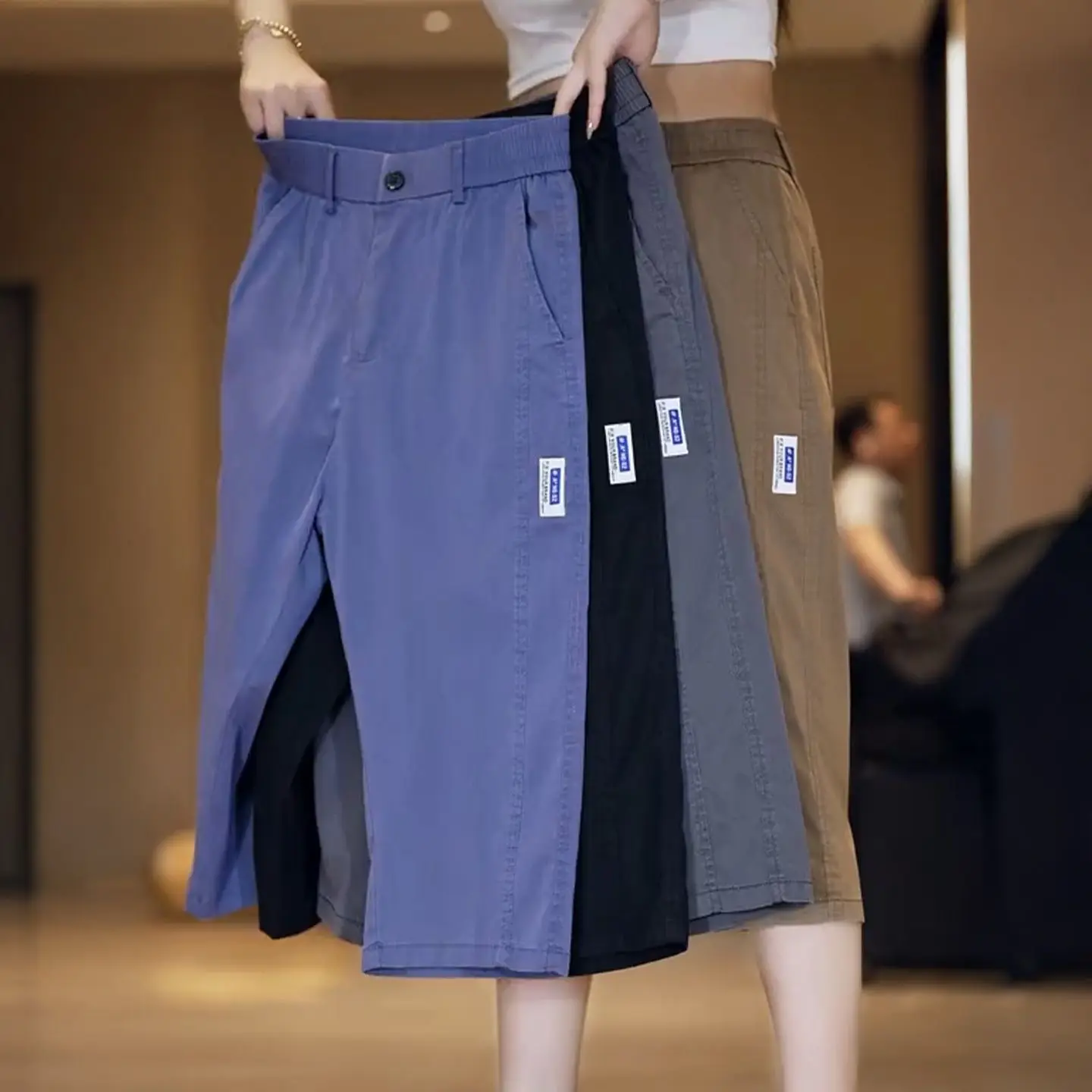 

Новинка 2025 года, мужские повседневные брюки на семь футов, свободный крой Spor, тонкие прямые брюки, летние брюки для отдыха Qui Dry Lenzing из лиоцелла