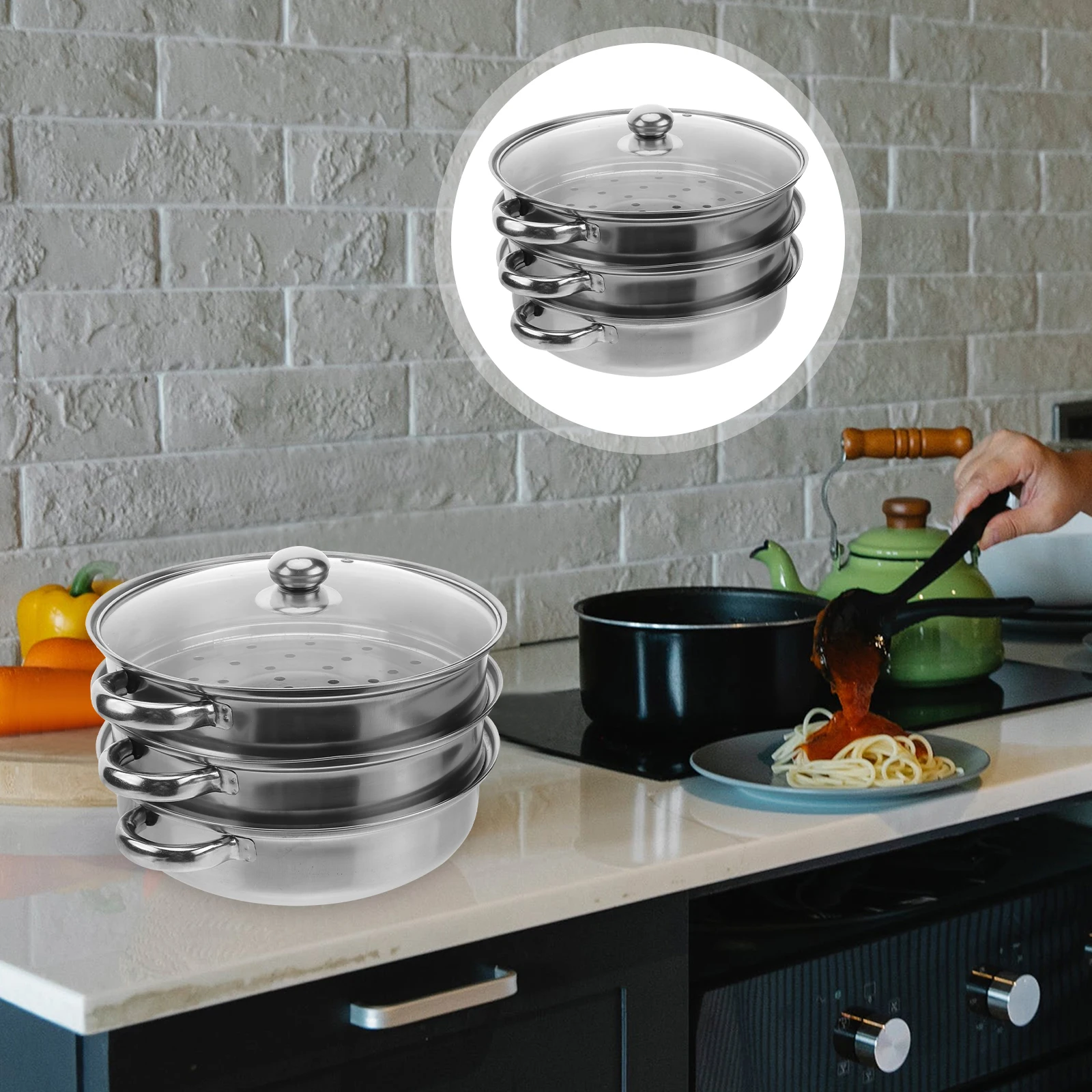 

Stainless Steel Steamer Pot 28 Cm Multi Function Three Layer Soup Cookware Riveted Handle Food Grade Easy Clean Energy Saving