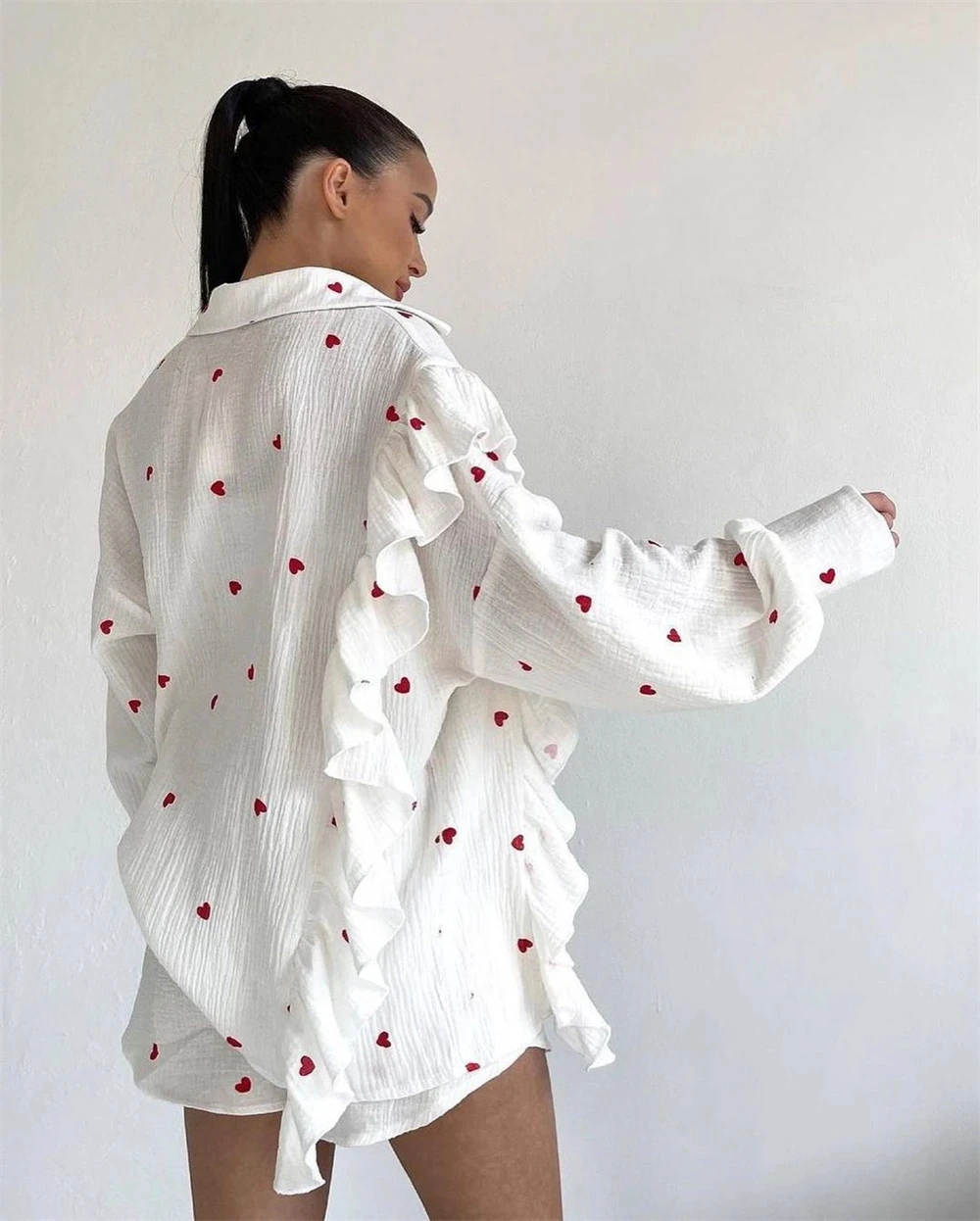 Cotton Heart Print Pajama Sets for Women Long Sleeve Blouses Shorts Set Casual Loose Shirt Female Short 2 Piece Home Suit Outfit