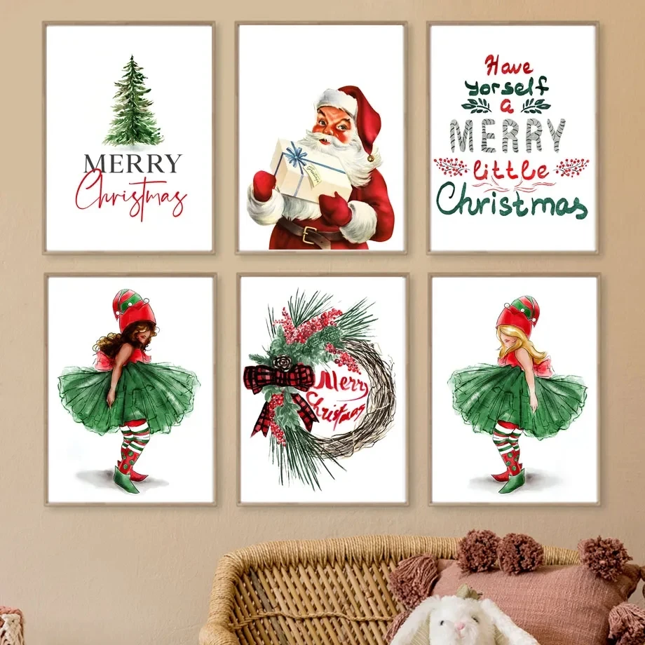 

Merry Christmas Cartoon Boho Girls Santa Wall Art Canvas Painting Nordic Posters And Prints Wall Pictures Baby Room Home Decor