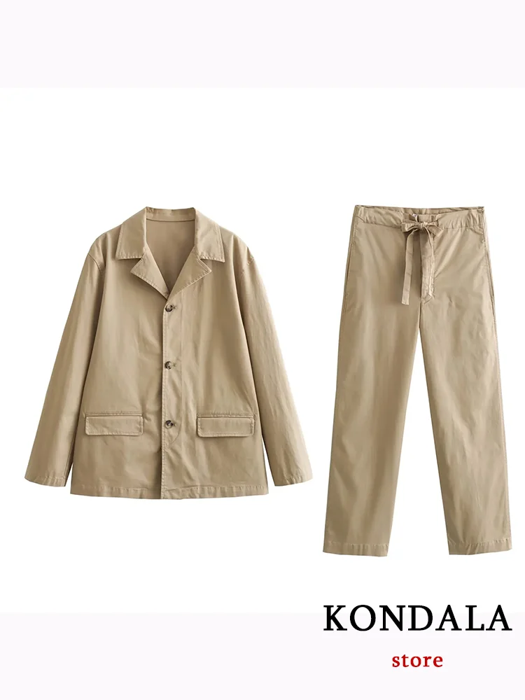 KONDALA Casual Solid Women Suit V Neck Single Breasted Pockets Blazer Straight Loose Pants Fashion 2023 Autumn Office Lady Set