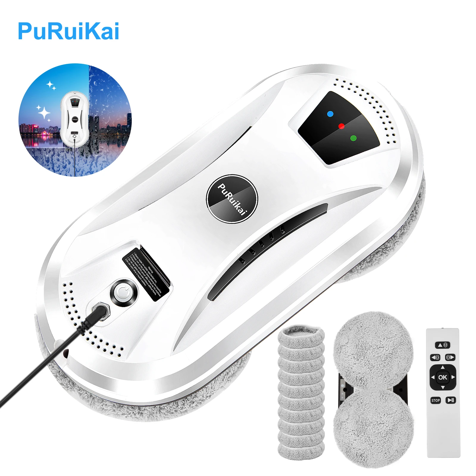 PuRuiKai AI Fensterputzroboter, intelligenter automatischer Reiniger, streifenfrei, für Fenster/Fliesen/Glastüren, selbstreinigend, extrem leise